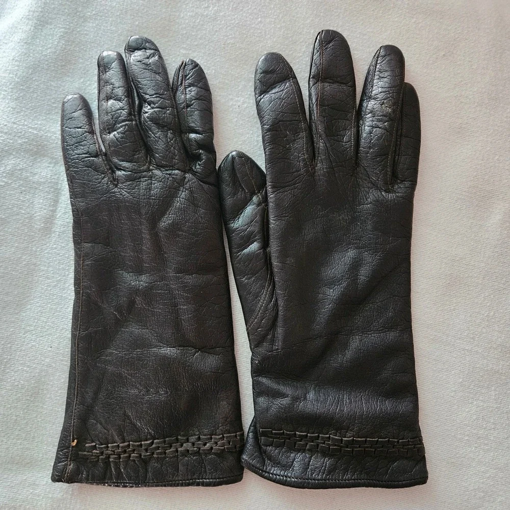 Vintage Dark Brown Leather Rabbit Fur Lined Gloves Woven Trim Size 7 Womens
